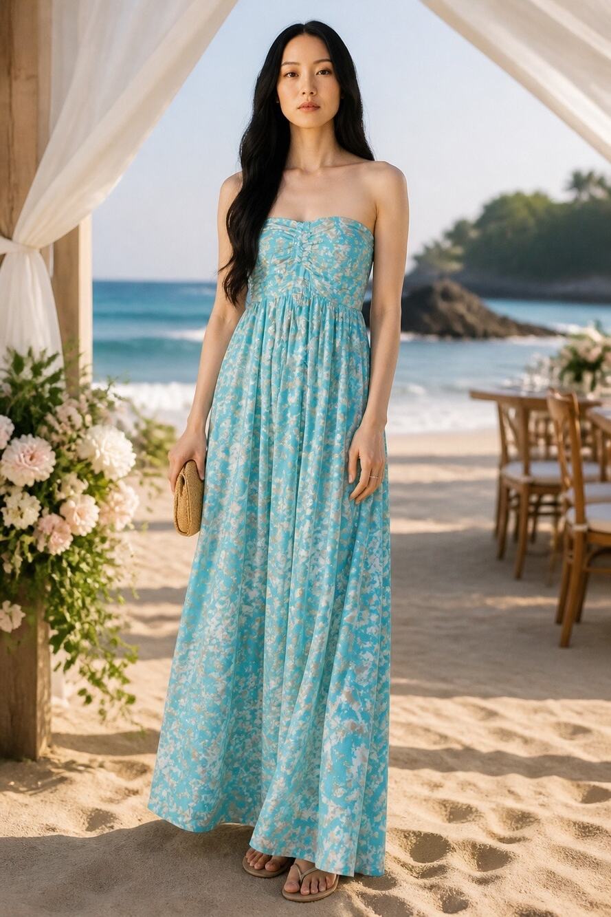 Rieley 100% Silk Strapless Maxi Dress Aqua Blue Print Boned Bodice Size Medium